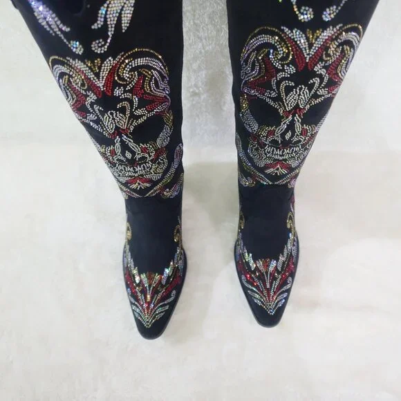 Muerto Country Western Cowgirl Boots Sparkling Iridescent Rhinestones Skull Red